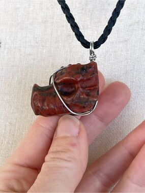 Red Jasper Dragon Skull Pendant Necklace on Black Braided Cord